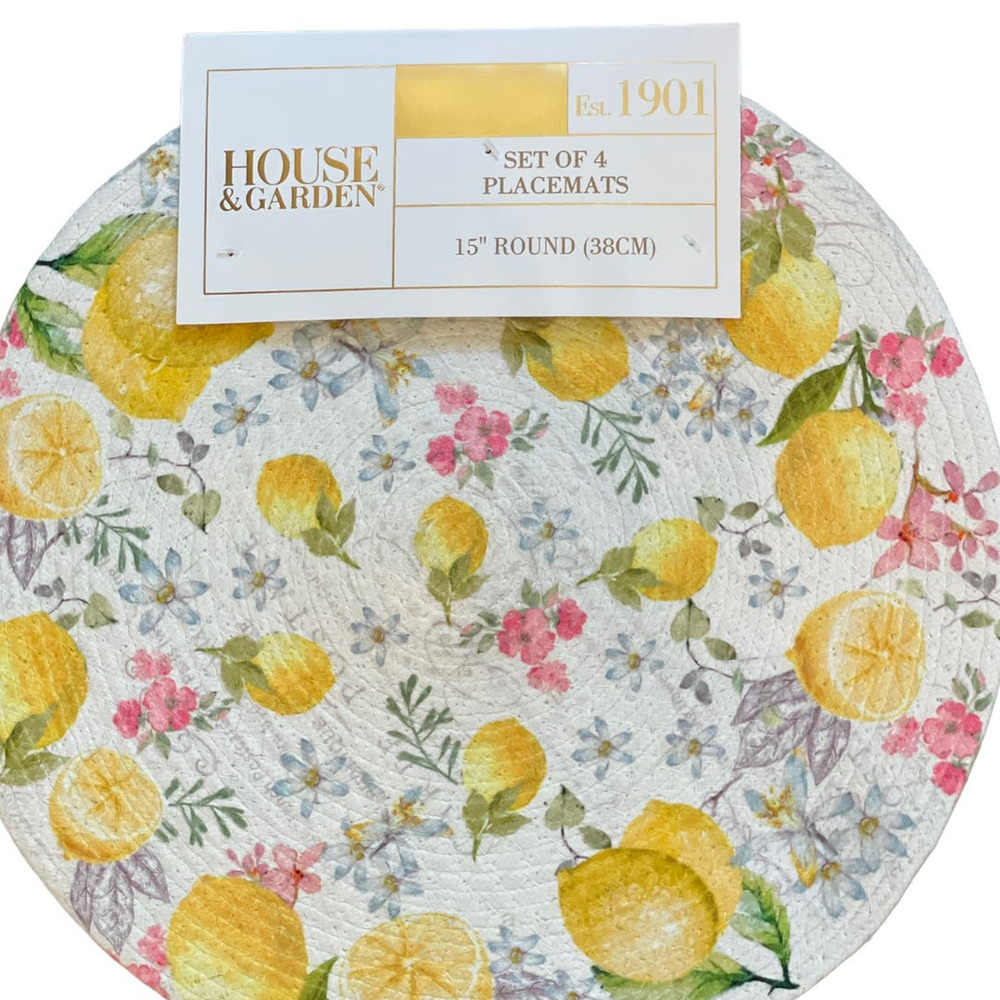 HOUSE & GARDEN Floral Lemons Placemats 15in Round Set of 4 Shabby Chic NEW